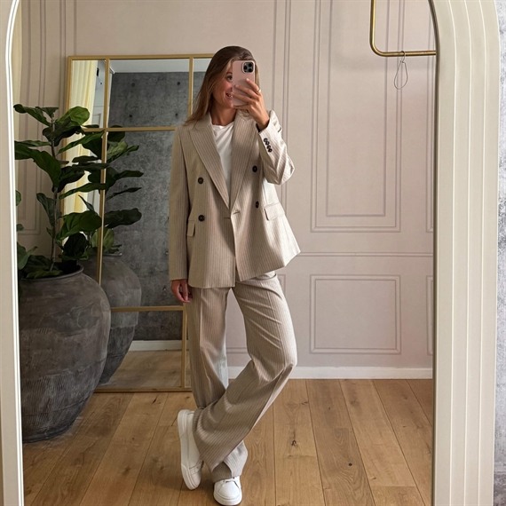 Max Mara Studio Medium Bukser, Beige Pinstripes